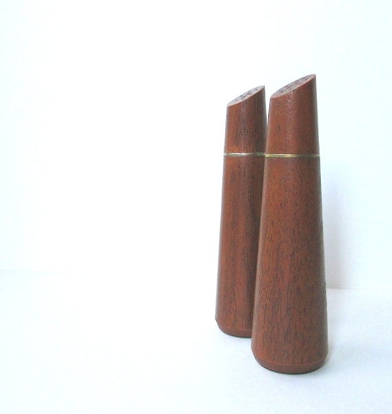 Mid Century Modern Salt and Pepper Shakers, Danish Modern Housewares, Faux Bois Finish