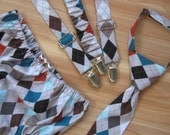 Gray Argyle First Birthday Clothes or Cake Smash Outfit for Boys: Suspender, Necktie and Diaper Cover - Ringbearer Outfit