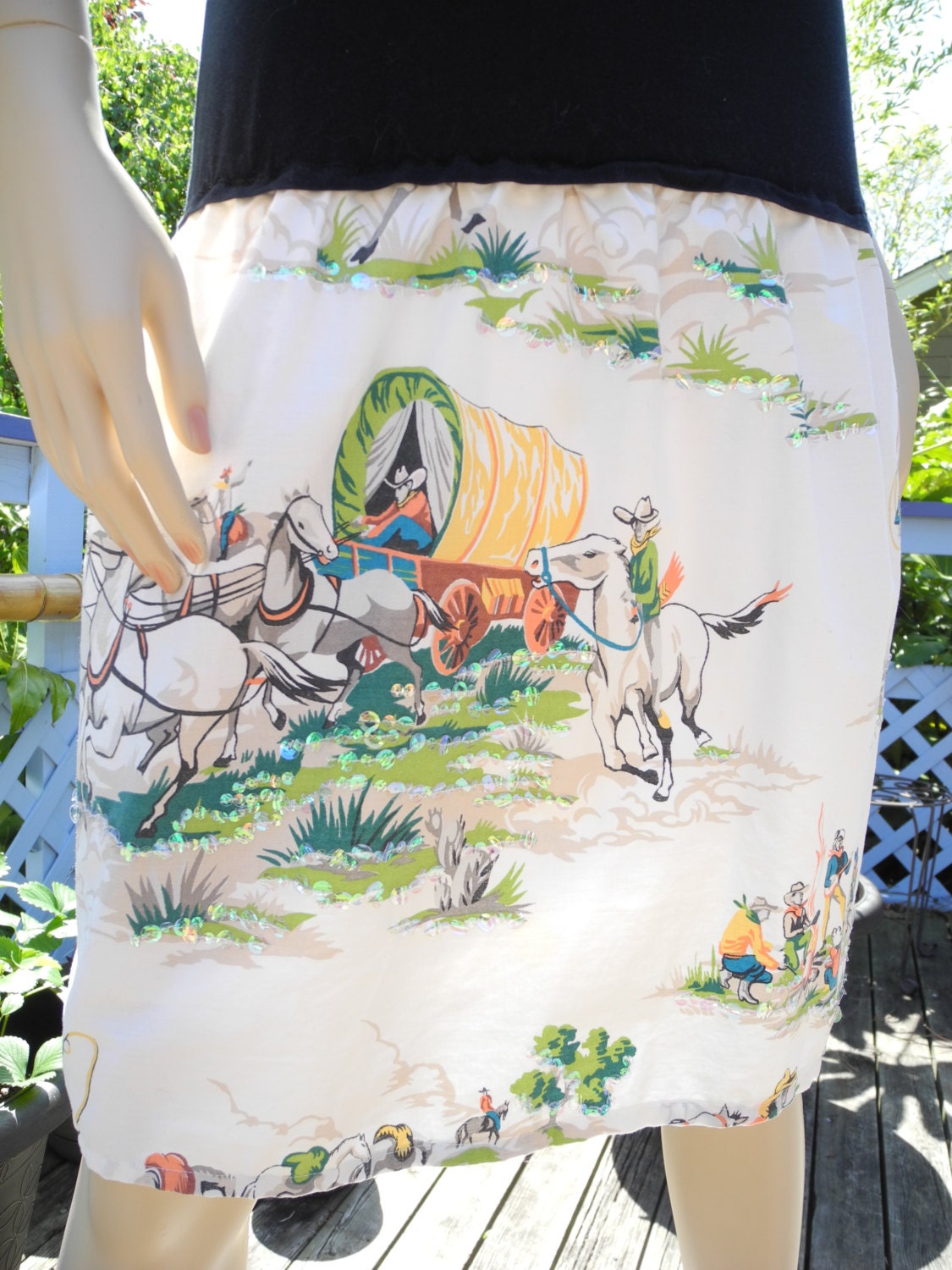 Black T-Shirt Dress with horses, cowboys and wagon