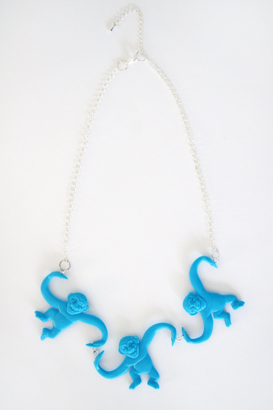 SALE - Barrel of Monkeys on Silver Chain Necklace - Blue
