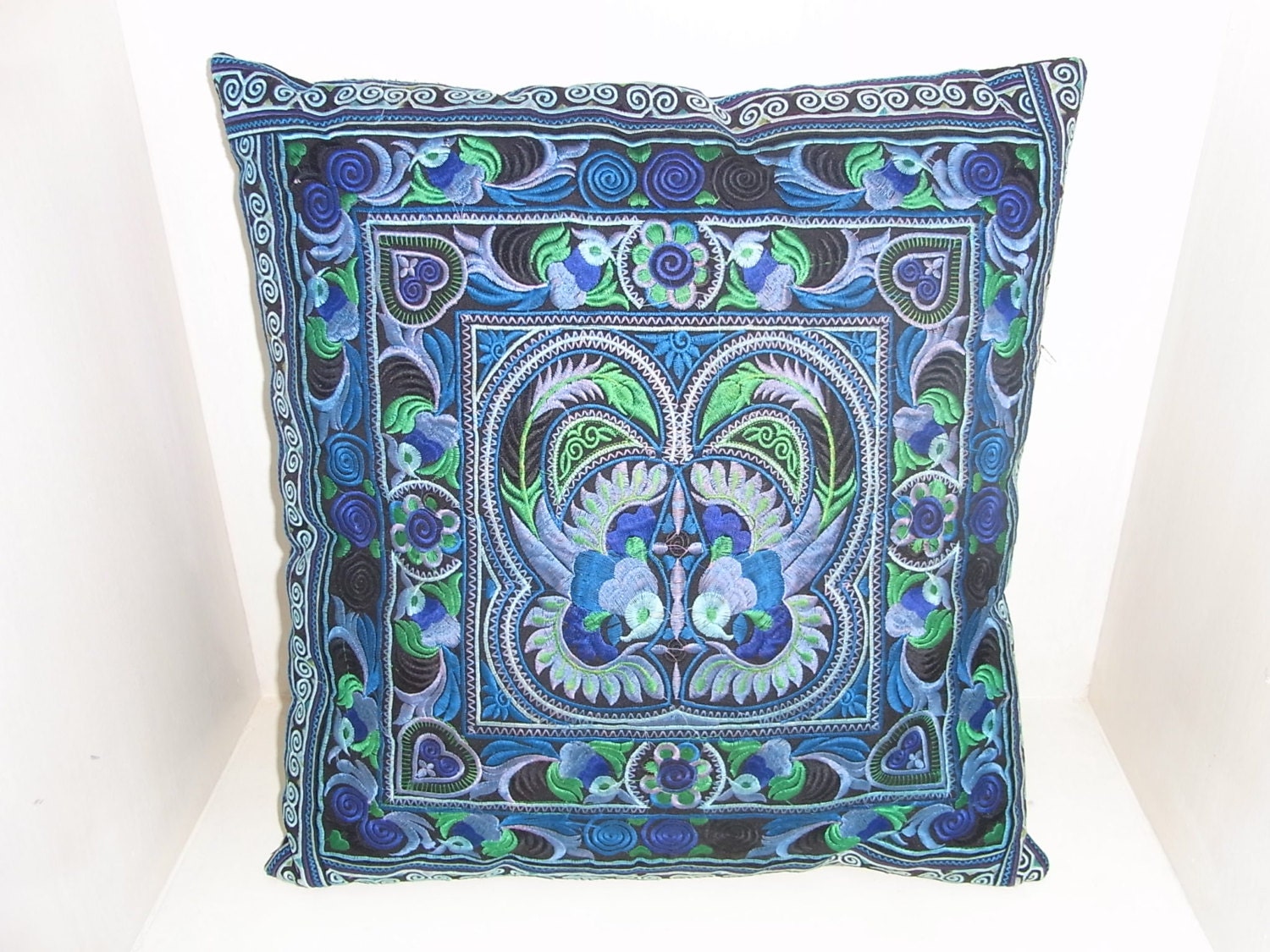 Blue Bird Cushion Pillow Cover HMONG Hill Tribe Thailand Fair Trade Handmade (CS011-BB)