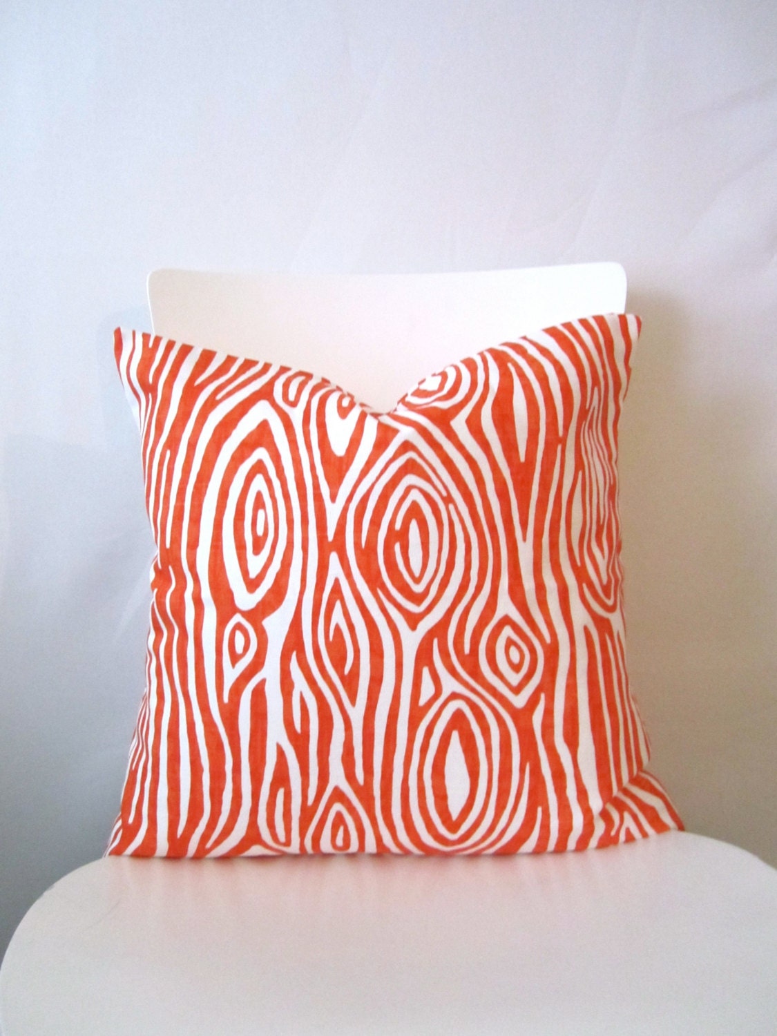 18 inch throw pillow cover, Persimmon orange red.  Faux Bois Wood Grain modern print. For indoor use.