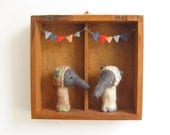 Felted ANTEATER FINGER PUPPETS in a Vintage Shadow Box, Children Art, Eco Friendly Toy, Wall Hanging, Nursery Decor