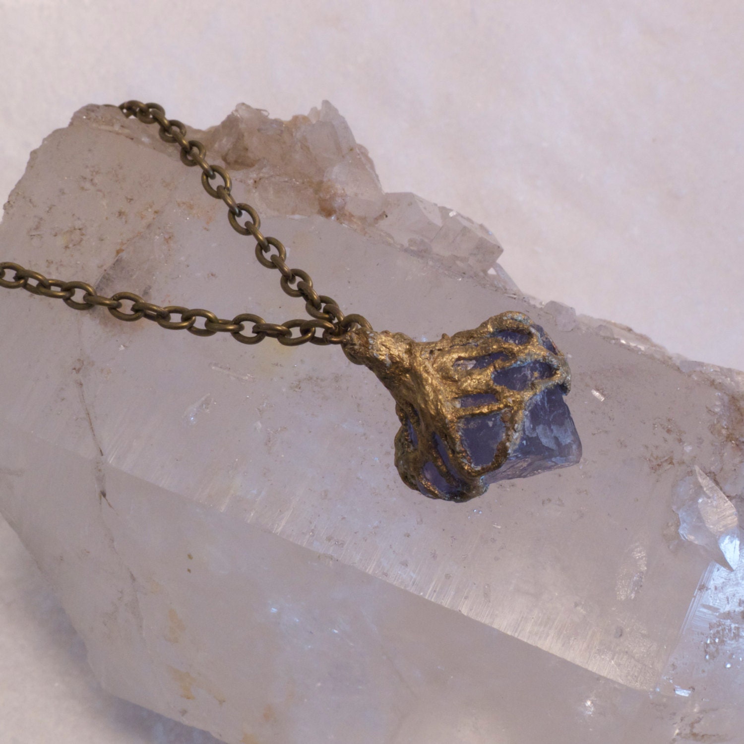 Lilac- Fluorite -Octahedron- "Sea" Pendant with Sculpted Mesh- Handmade -one of a kind-Wearable Art Necklace