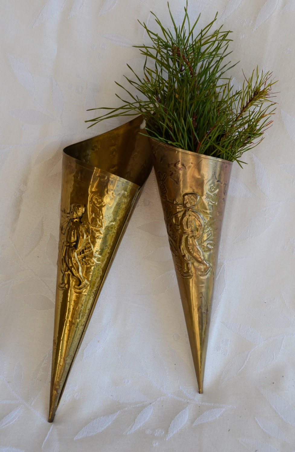 Vintage Brass Cone Shaped Wall Pocket Planters with Relief Dutch Scences