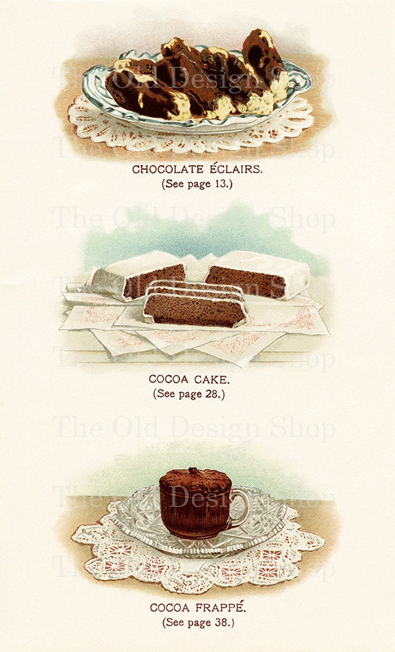 ECLAIRS CAKE FRAPPE Printable Chocolate Sweet Dessert Food Color Illustration 300 dpi Digital Scan Vintage Image Antique Clip Art