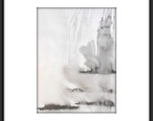 Original Contemporary Black and White Abstract Ink Wash Painting 11.7x16.5 " Smokey Sky 053"