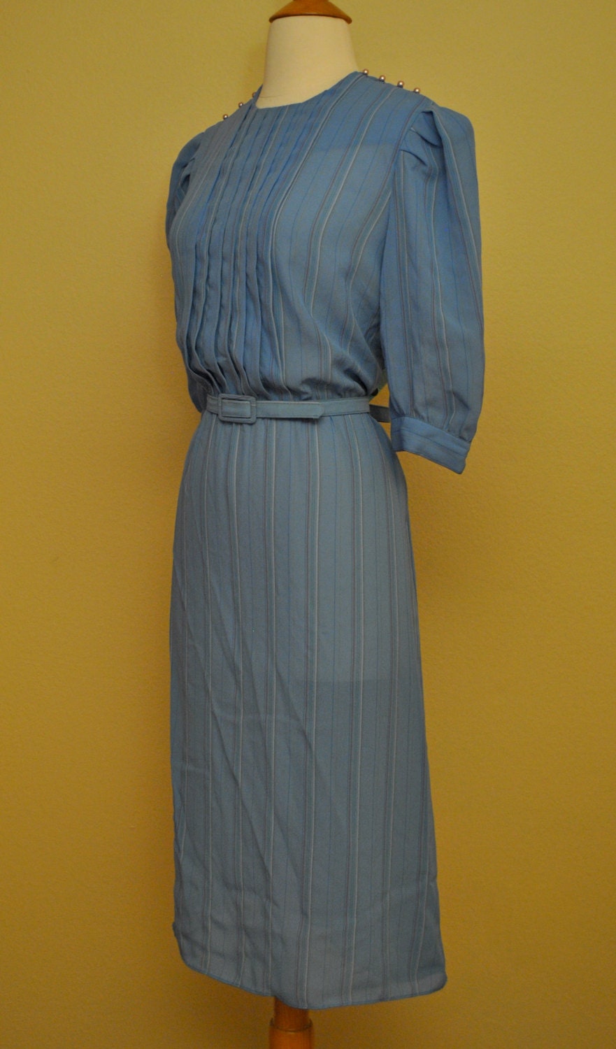 Mod Style Dress in Sheer Light Blue with Vertical Stripes Cropped Puff Sleeves Knee Length and Waist Belt
