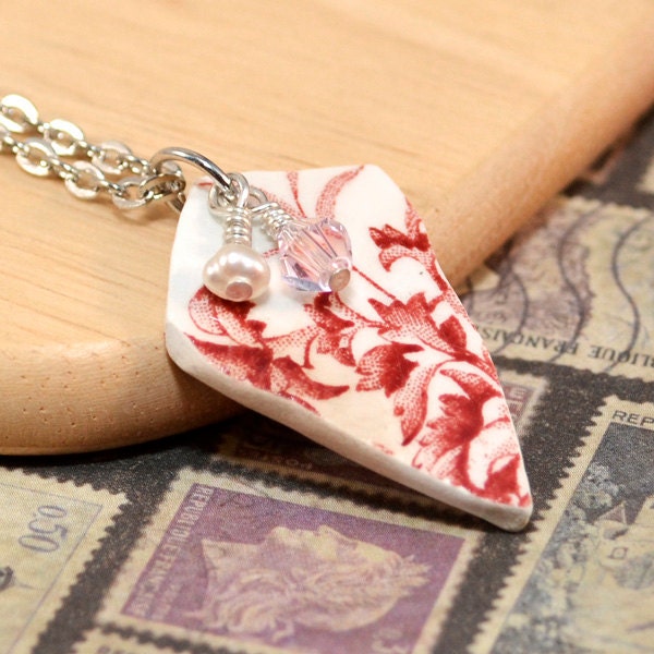 Upcycled Vintage Pottery Necklace - Pink Flower Anemone Pattern Painted Porcelain Shard, Swarovski Crystal & Freshwater Pearl Accents