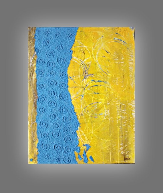 Mixed Media Original Painting Modern art Collage Blue&Yellow Art Painting Textured Canvas 16x20canvas by Heroux