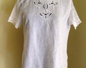 White lace shirt blouse vintage Summer light cotton linen cool lacey embroidery floral flowers size 8 medium M top short sleeve on Etsy
