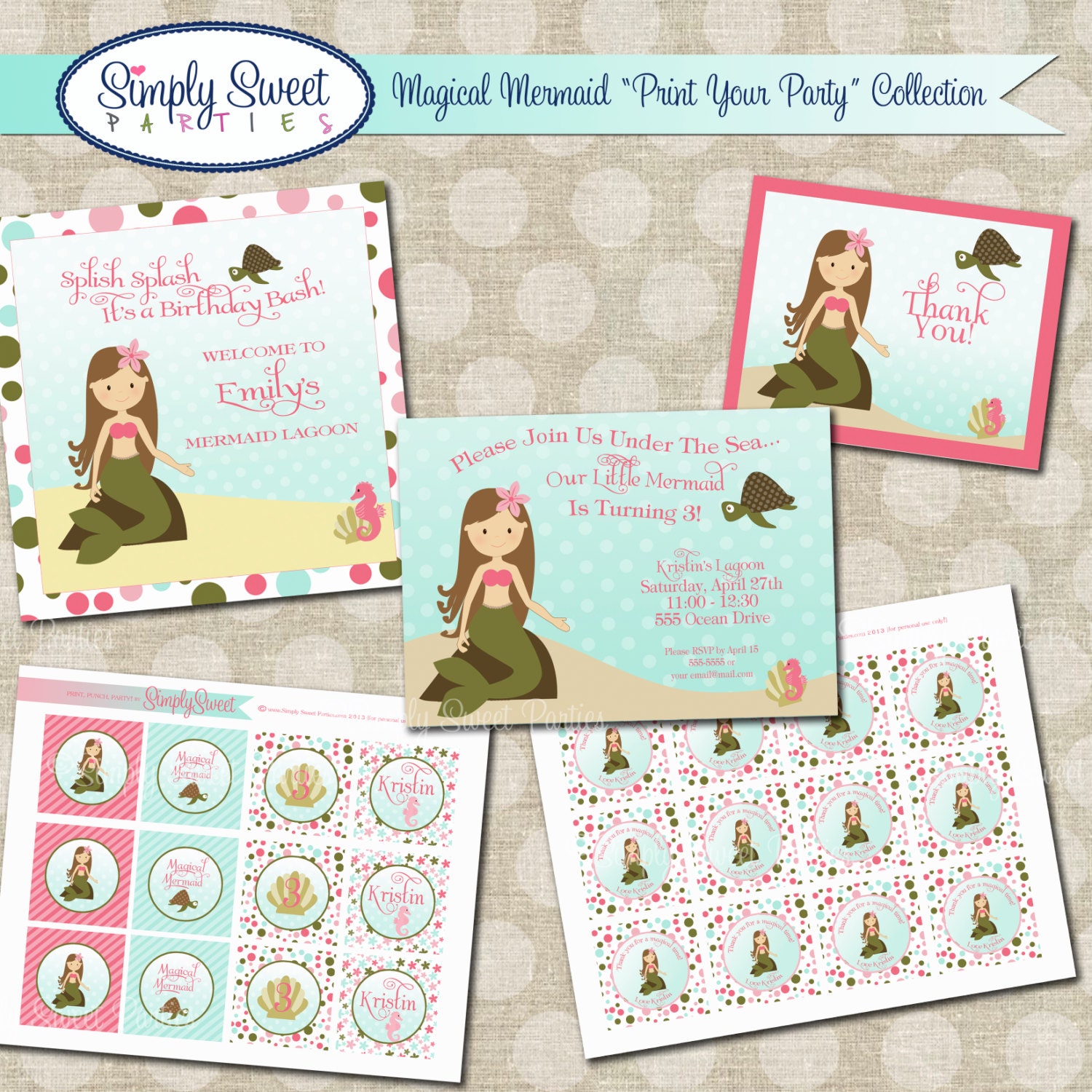 Magical Mermaid Birthday Party Package- Printable PDF files Il_570xn