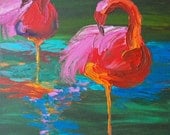 Two Pink Flamingos on Lake - Balancing Act (Acrylics on Canvas) - Kim.T 2013