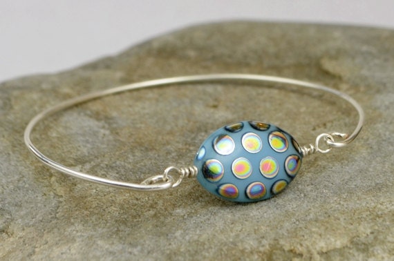 Silver Bangle Bracelet- Oval Sky Blue Glass Bead and Sterling Silver Filled Wire- Custom Made to Size
