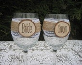 Rustic Wedding Bride and Groom Wine Glasses Mr and Mrs