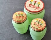 Fire King Jadeite - Jadite Range Set - Salt and Pepper Shakers - Grease Jar - Tulip Lids - Set of 3