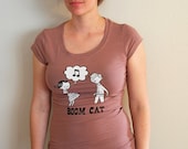 Love & Music: Cute Brown Retro Women's Scoop-Neck Tee with Black and White Vintage Art Screen-Print S M L