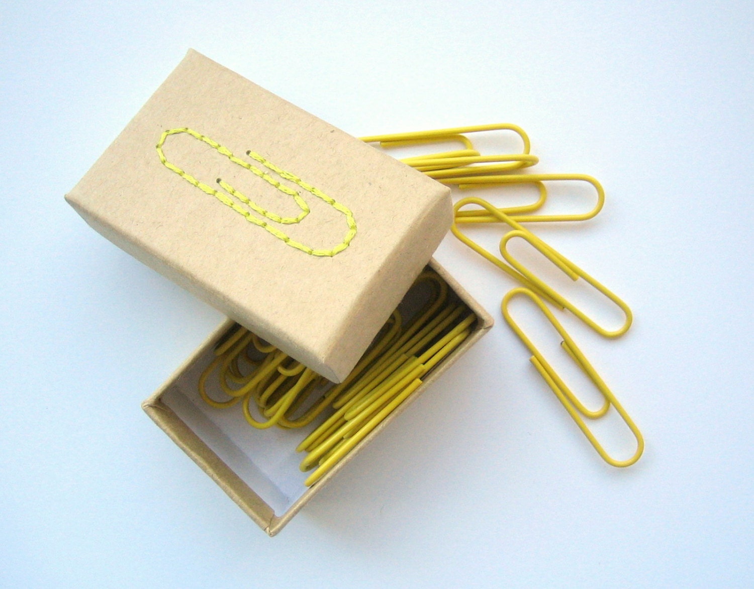 tiny embroidered paper clip  box - tiny supplies. kraft box with yellow embroidery. holds 25 paper clips in matching color.