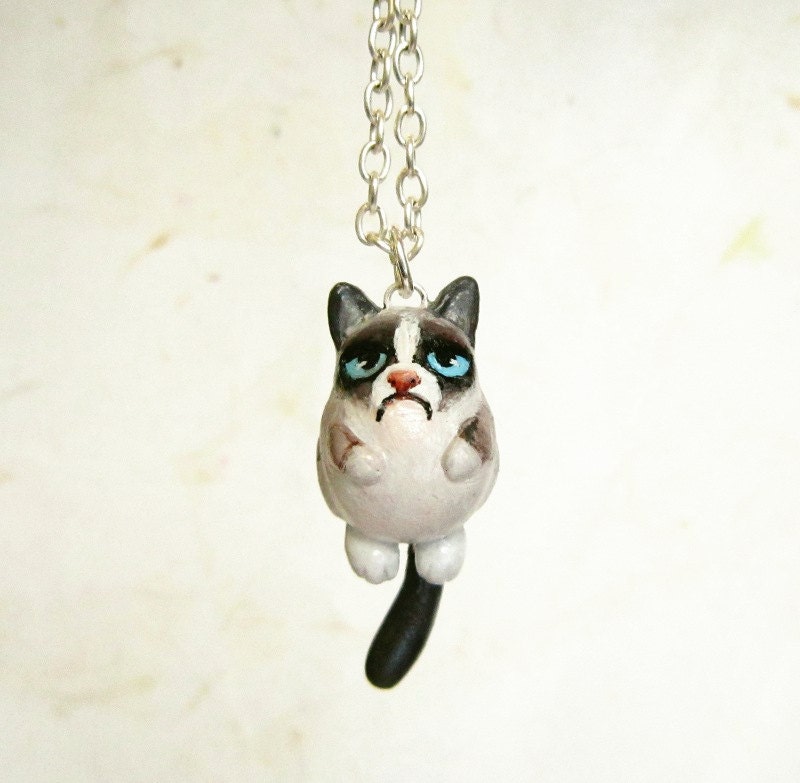 Grumpy Cat Necklace, Polymer clay hand painted jewelry