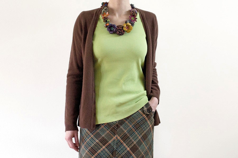 Statement fiber, leather necklace with wooden and polymer clay beads, muted colors, OOAK