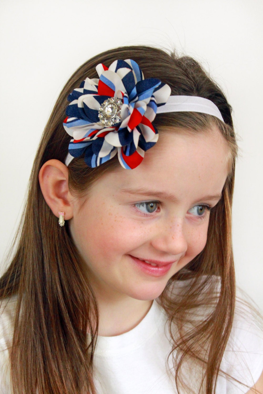 The American Stripe Headband - Baby Girl Red White and Blue Striped Flower Hair Bow - Girl's Nautical Style Headband - 4th of July Bow