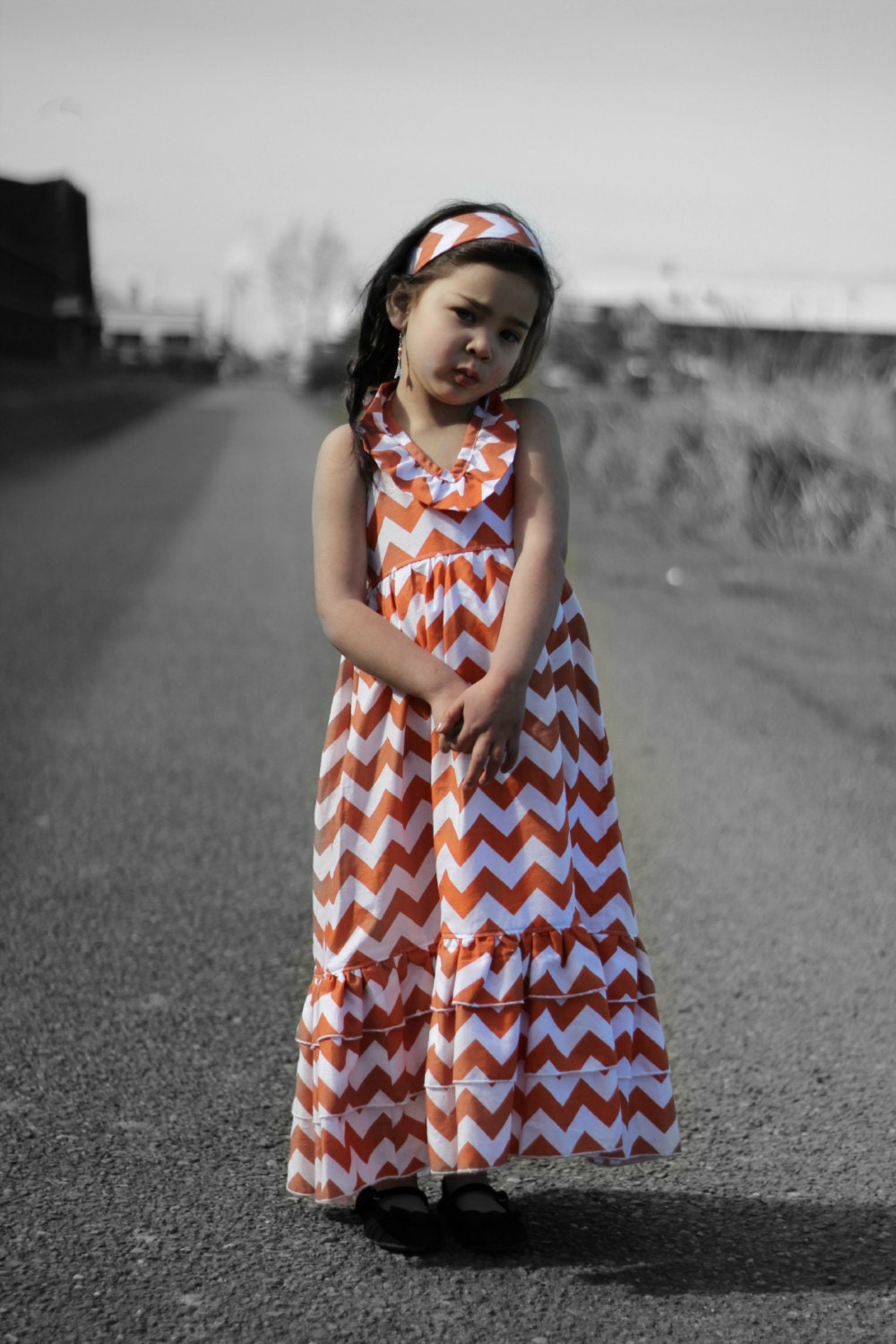 Emmaline Girls Ruffled Maxi Dress Sundress Floor Length Chevron Fabric Girls Sizes 8 - 10