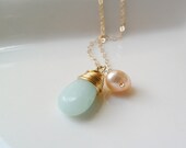 Aqua blue green amazonite gemstone gold wire wrapped teardrop pendant freshwater pearl 14ct gold filled necklace