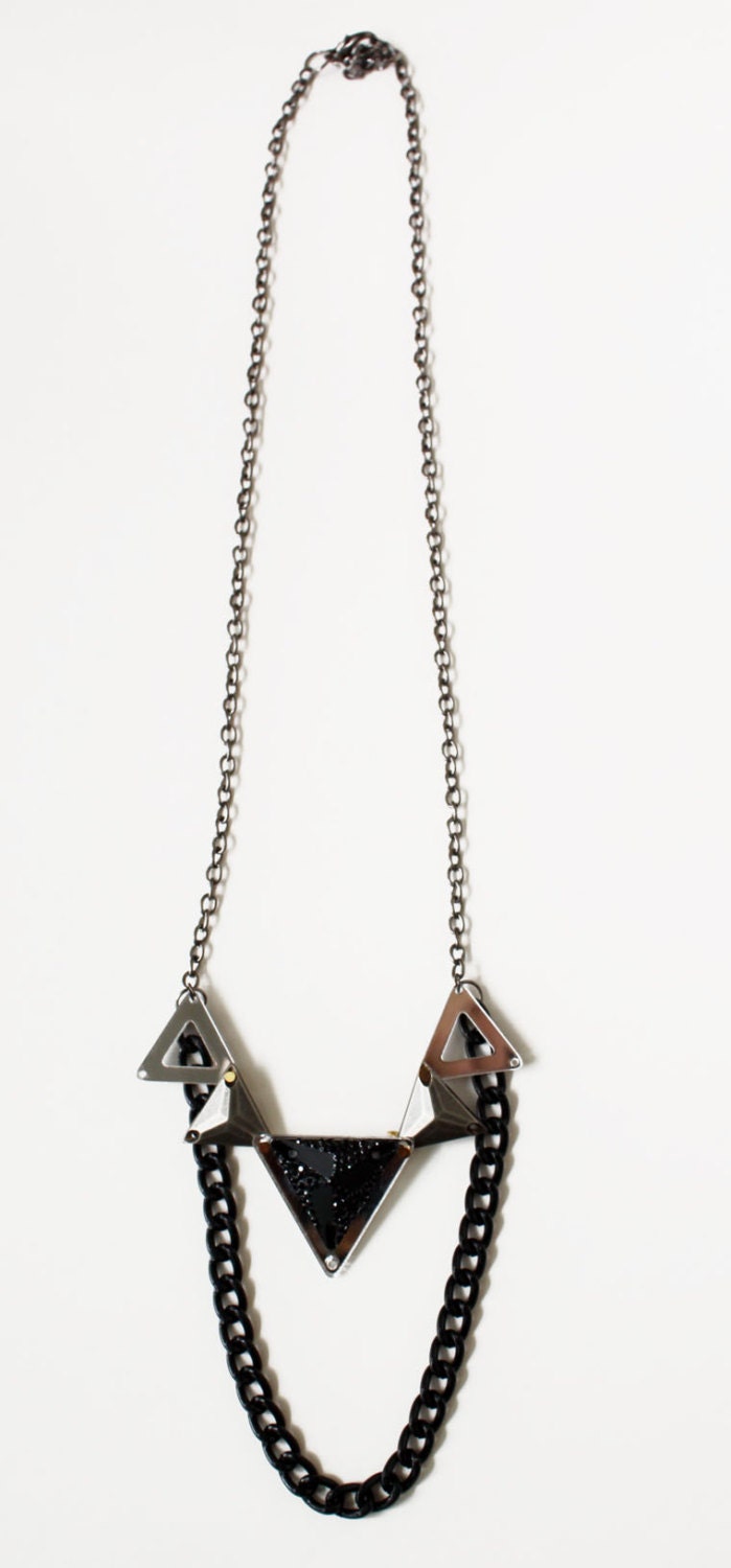 BaseStation, black triangle necklace, geometric jewelry, with gunmetal chains, mirrors, steampunk, coachella
