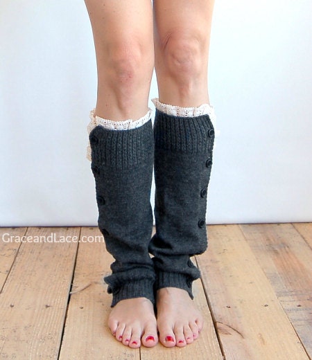 SALE SALE The Miss Molly - Charcoal Grey Slouchy Button Down Leg warmers with Knit Lace trim - Legwarmers (item no. 7-4) - GraceandLaceCo