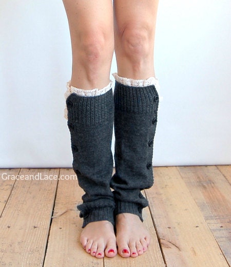 SALE SALE The Miss Molly - Charcoal Grey Slouchy Button Down Leg warmers with Knit Lace trim - Legwarmers (item no. 7-4)