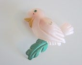 40s Pink Hand Painted Rhinestone Plastic Bird Brooch