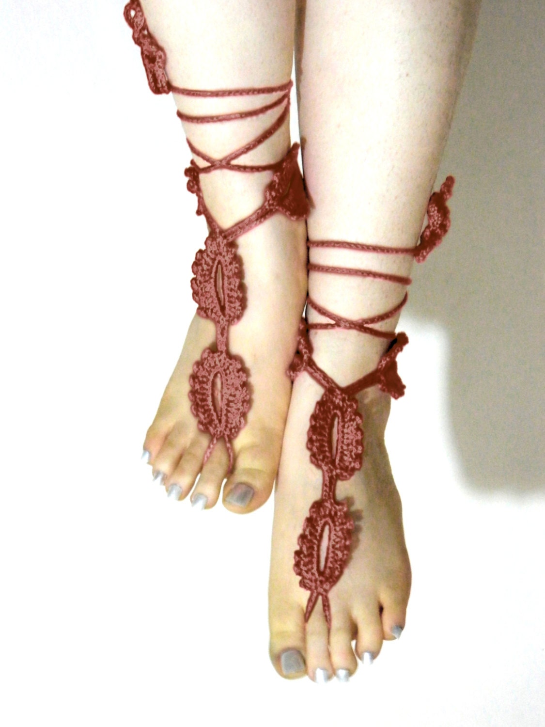 Crochet barefoot sandals Brown sandals, foot decoration  flower sandals,wedding lace sexy yoga anklet beach pool, Bellydance