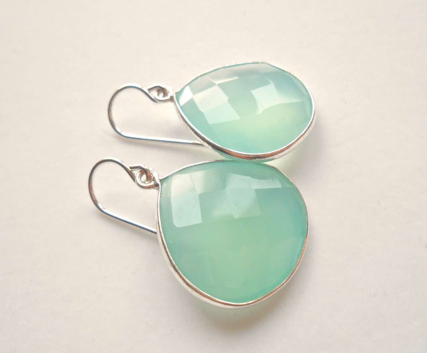 Aqua Chalcedony Earrings Gemstones Bezel Set in Sterling Silver - Large, Faceted Briolettes - Unique Beautiful Framed Stone Jewelry