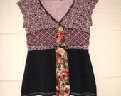 Funky Eco Tie Shirt/ Womens Shirts Blouse Maroon Pink Floral Geometric Upcycled Small/Medium