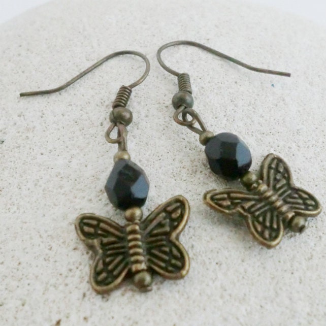 Antique Style Butterfly Earrings Black Glass Beads Butterflies