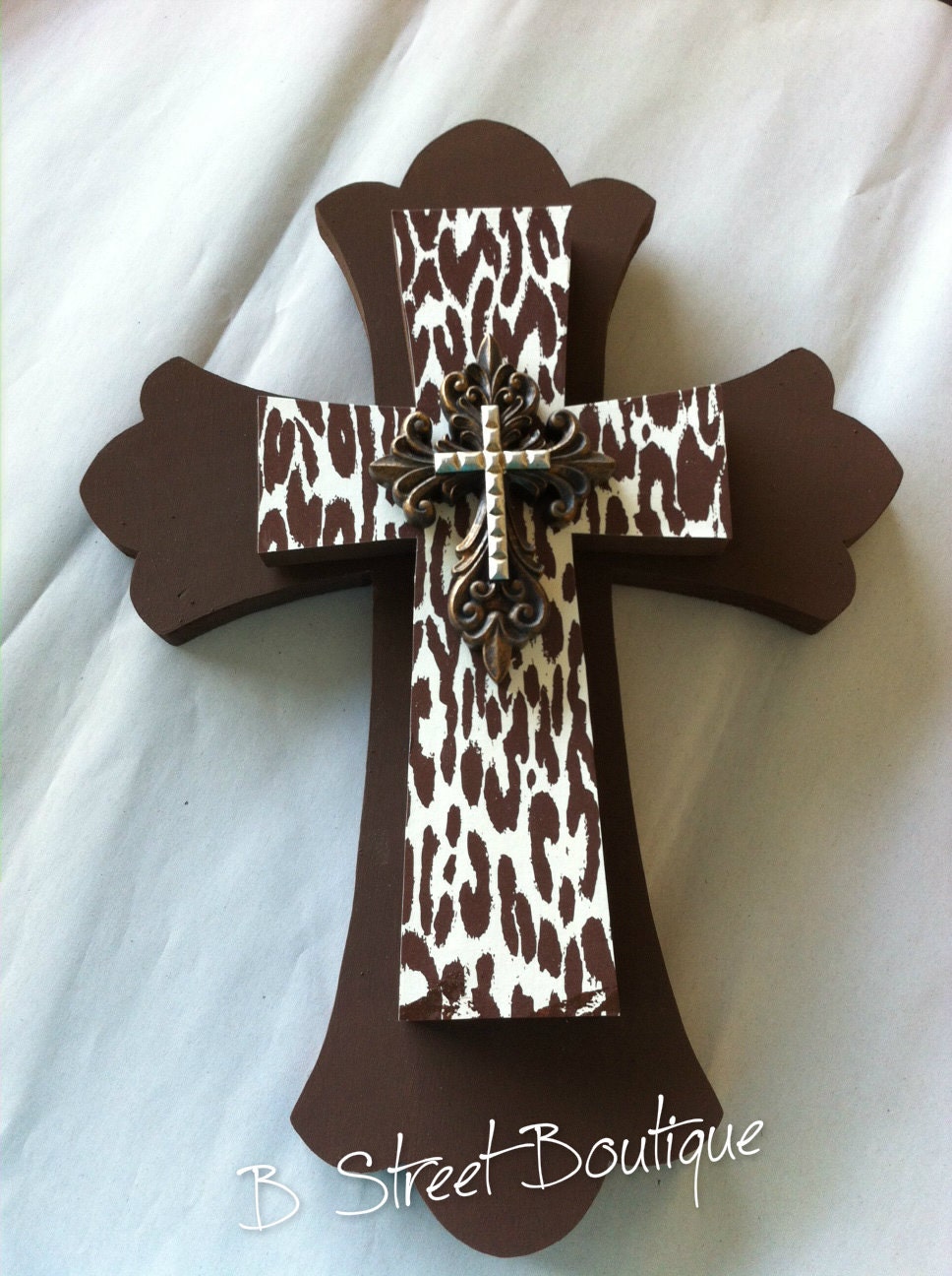 Brown, Cheetah print, and gold Wooden Wall Cross