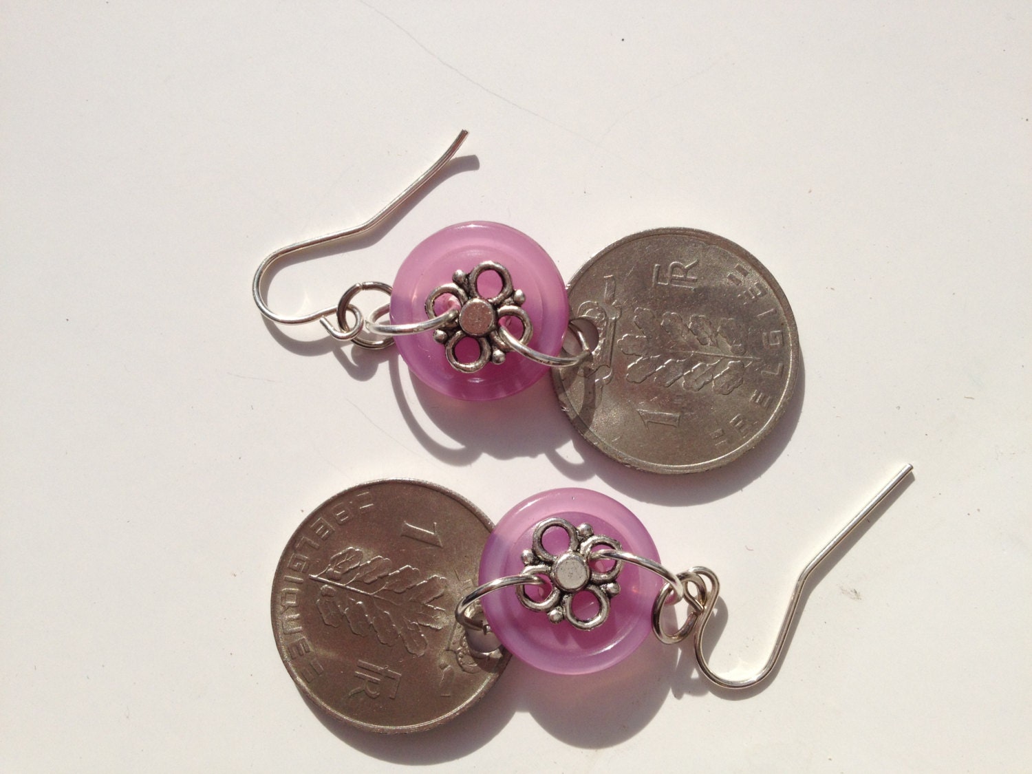 lavender luck vintage button and genuine belgian coin handmade ooak recycled earrings chic boho purple retro lilac upcycled quirky jewelry