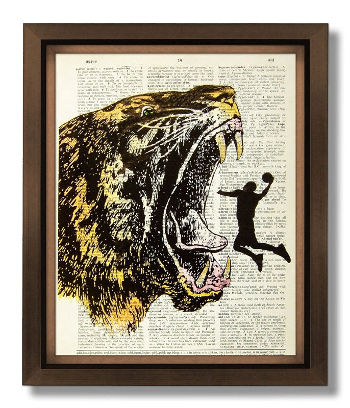 Art Print / Cool poster / NBA - Jordan Jump - Tiger - ORIGINAL ARTWORK hand painted Mixed Media / Vintage Dictionary art, Dictionary print
