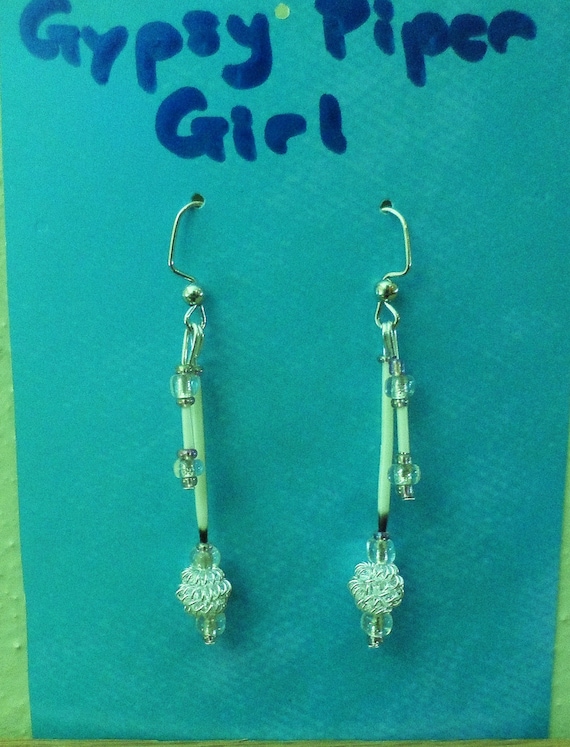 Handmade Alaska Porcupine Quill Earrings With Cool Silver Colors