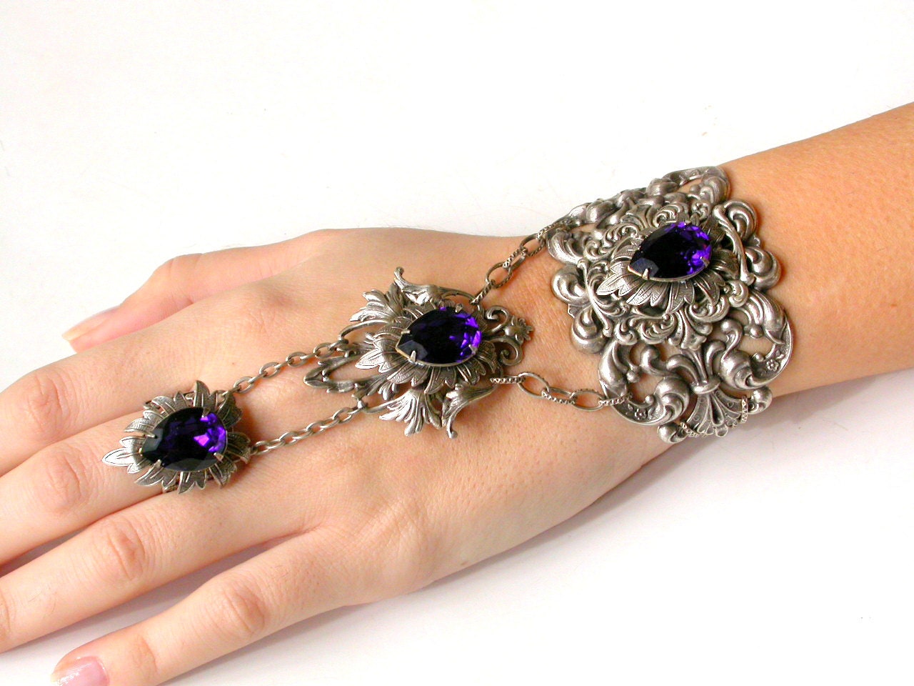 Swarovski  Crystal Slave Bracelet  - Victorian Gothic Jewelry - Purple Velvet Swarovski Silver Bracelet