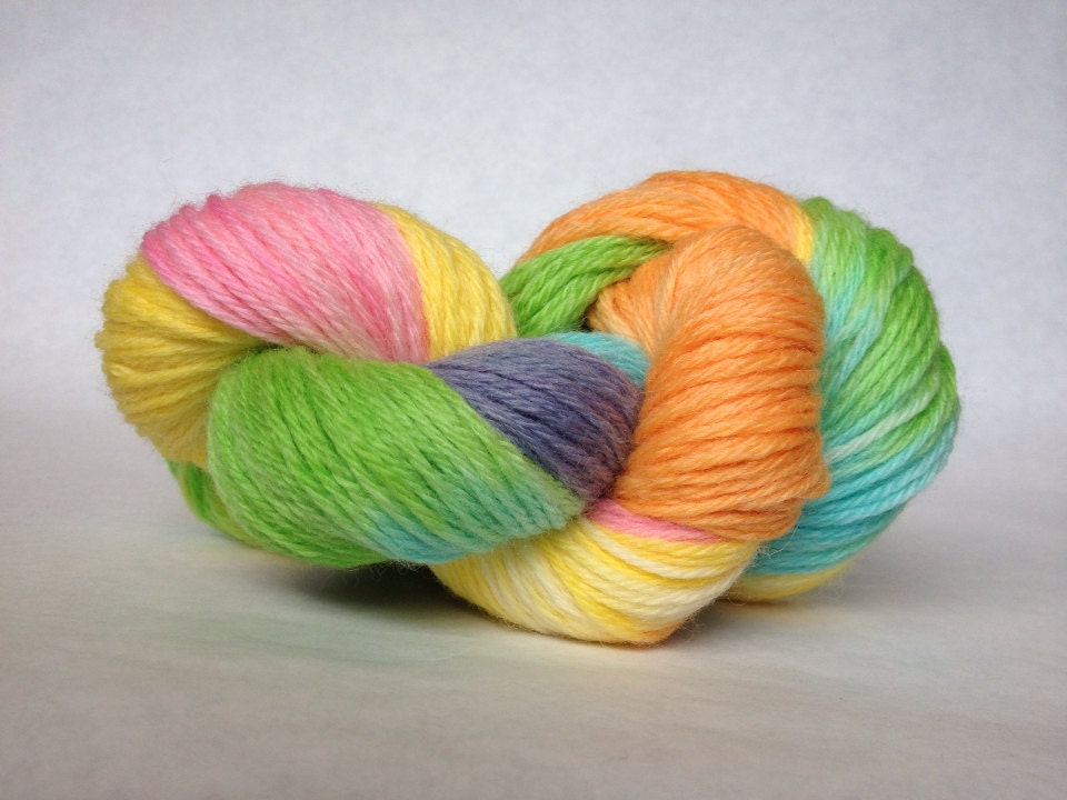 Hand dyed rainbow worsted yarn in "Lollipop"