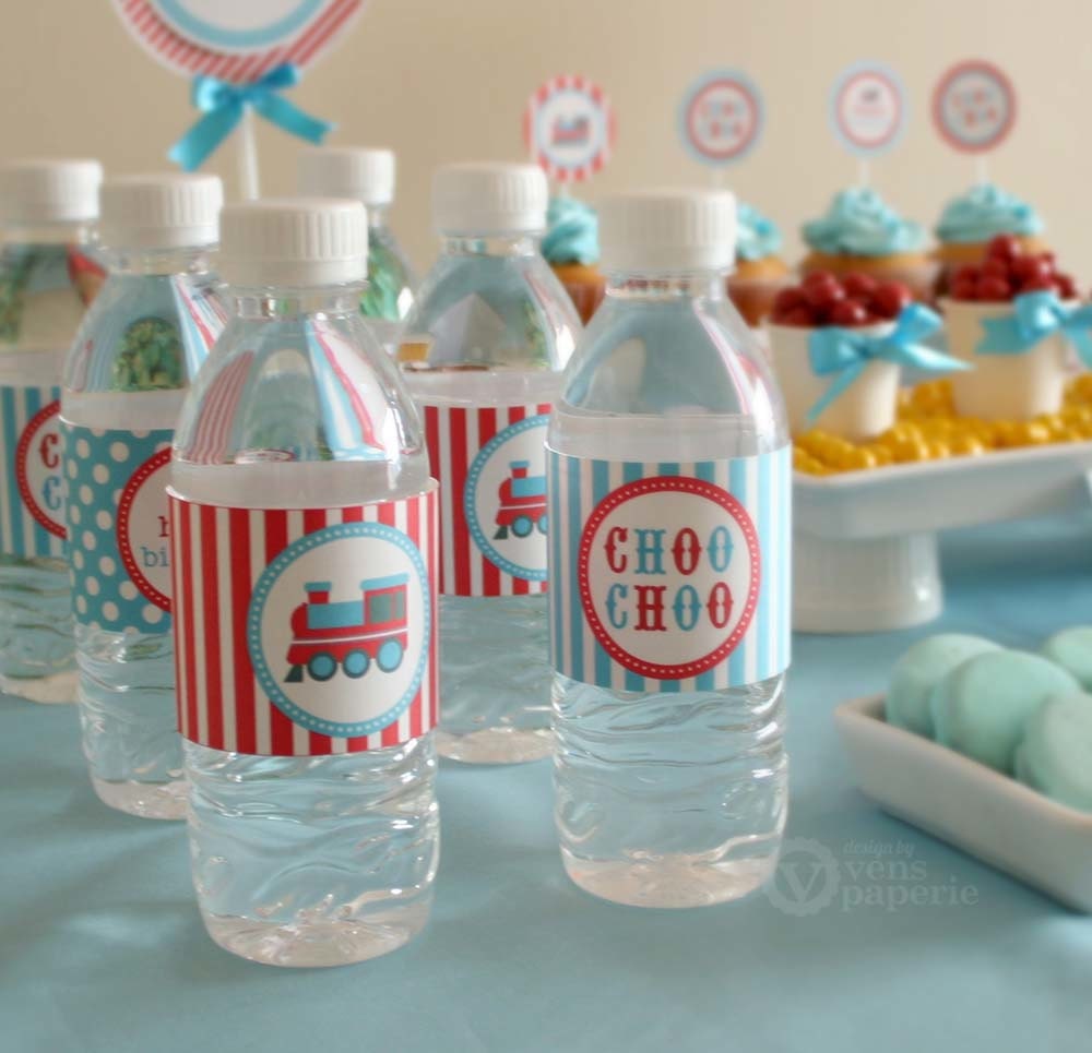 Vintage Blue Choo Choo Train Birthday Party - DIY PRINTABLE Water Bottle Drink Label - Instant Download - PS802CA1g Il_570xn