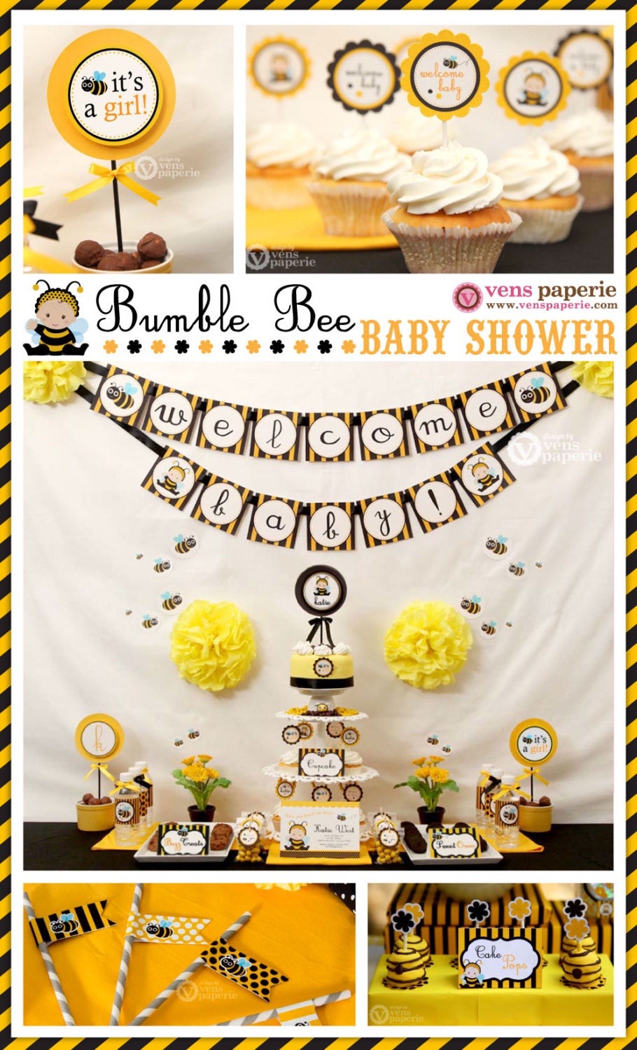 Bumble Bee Baby Shower Package Personalized FULL Collection Set - PRINTABLE DIY - BS816CB1x