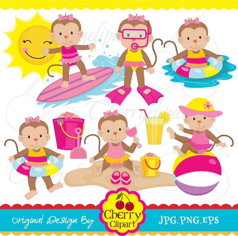 Summer beach time monkeys for girls digital clipart set -Personal and Commercial Use-paper crafts,card making,scrapbooking,web design