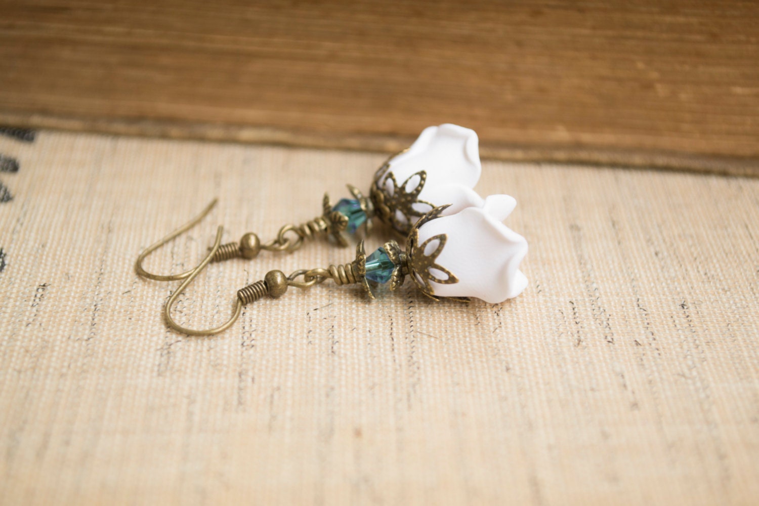 Vintage Inspired Polymer Clay White Rose Earrings. White Flower Earrings. Blue Swarovski Crystal. White Jewelry. Flower Jewelry