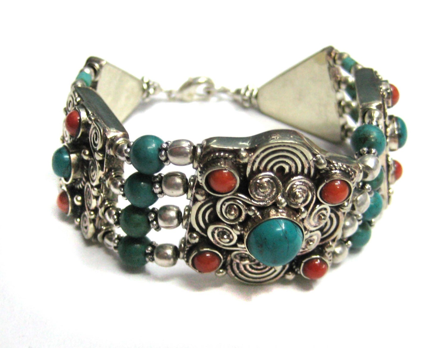 Beautiful Handmade Traditional Tibetian Jewelry , Gemstone Cabochons studded Beaded Nepali Bracelet with spring lock