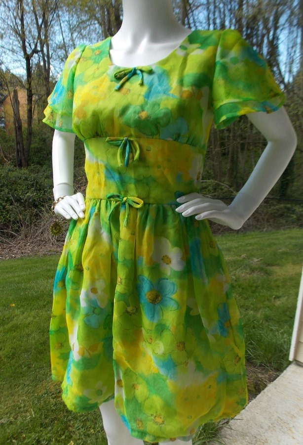 Late 60's Watercolor Floral Tiered Empire Waist Party Dress