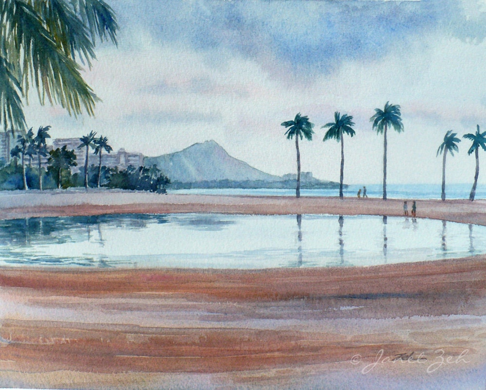 Hawaii Original Watercolor Tropical Painting Diamond Head Janet Zeh