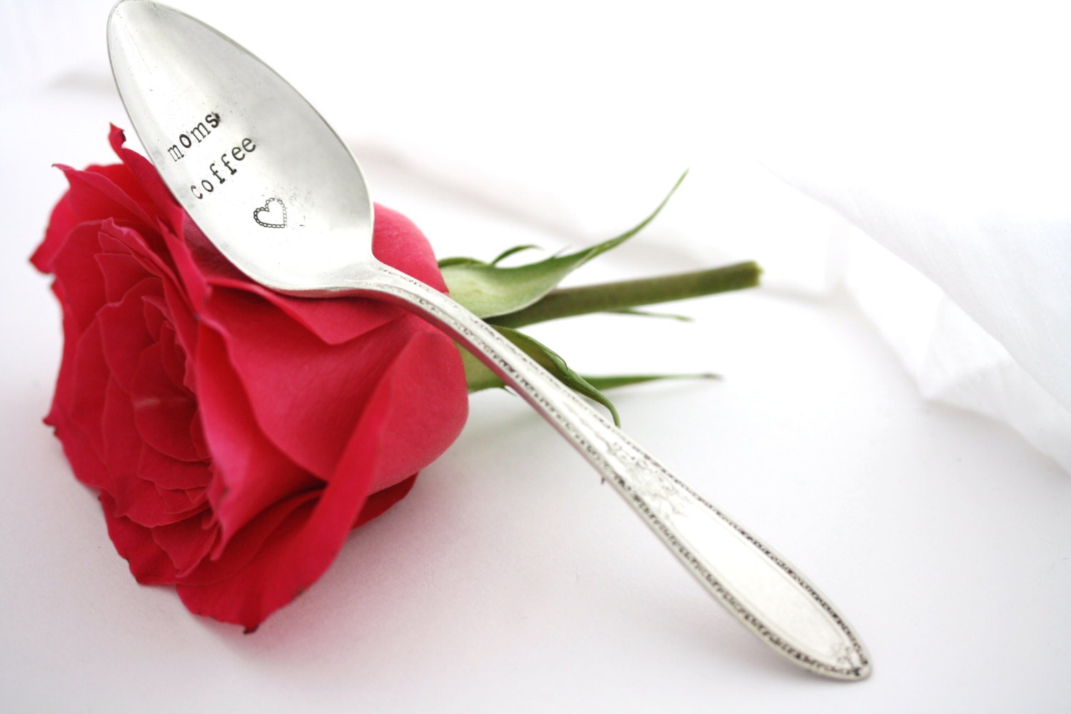 Moms Coffee spoon, vintage silver hand stamped spoon with heart for unique Mothers Day Gift By MilkandHoneyLuxuries