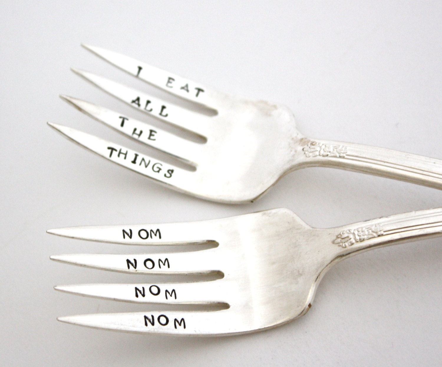 I Eat All The Things, nom nom nom nom- Hand Stamped vintage dessert forks for all your yummiest treats. MTO By MilkandHoneyLuxuries